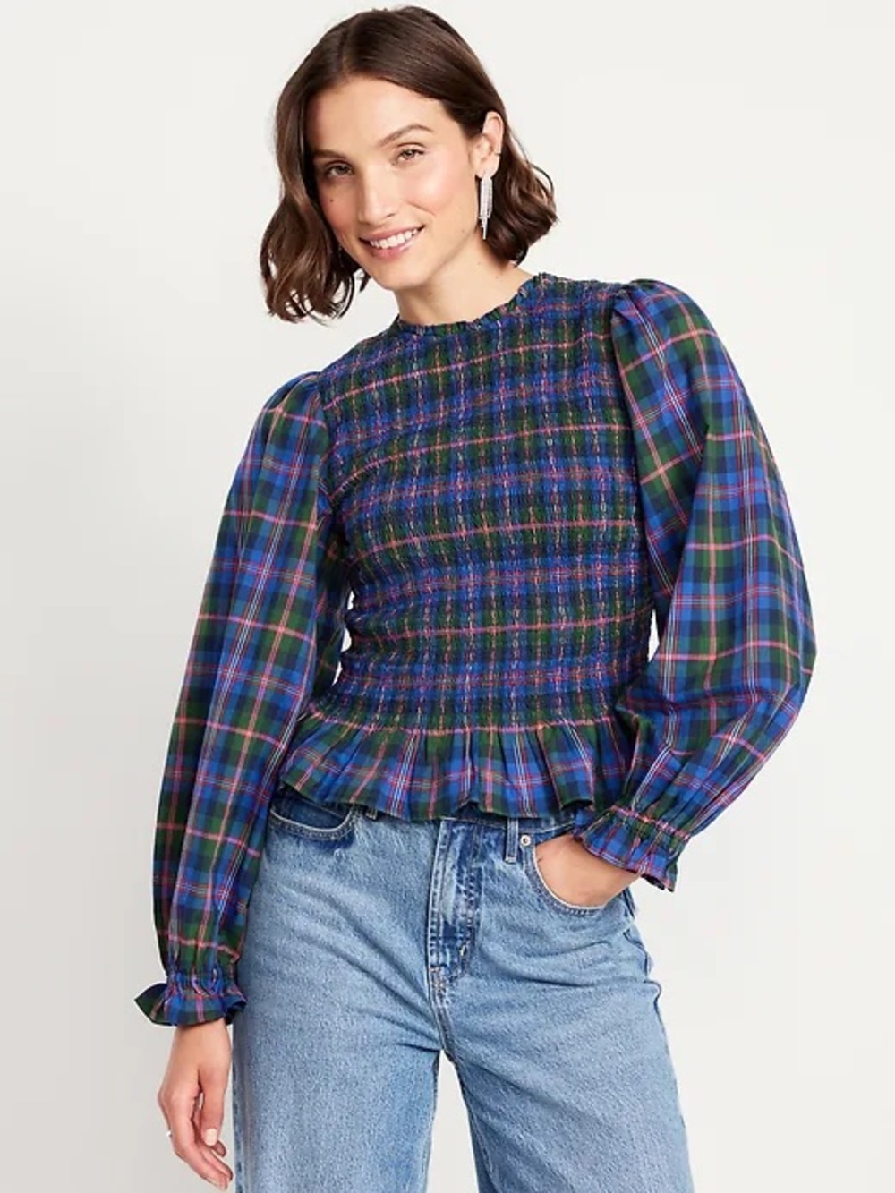 🆕 Old Navy Smocked Long Sleeve Plaid Blouse XXL